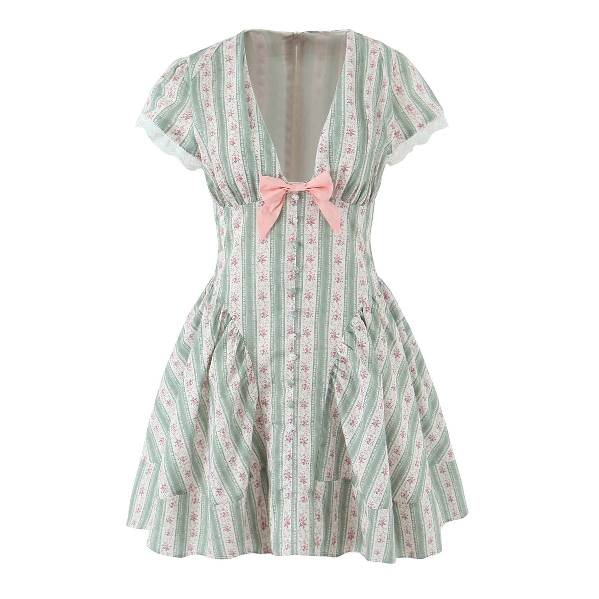 Green French Style Floral Sexy Mini Bohemian Women V-neck Striped Ruffles Dress