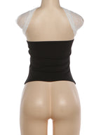 Punk Patchwork Mesh Halter Tank Top Y2K Vibe With Lace Up Details
