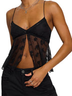 Sunny Day Floral Embroidered Mesh Cami Top With V Neck And Lace Trim