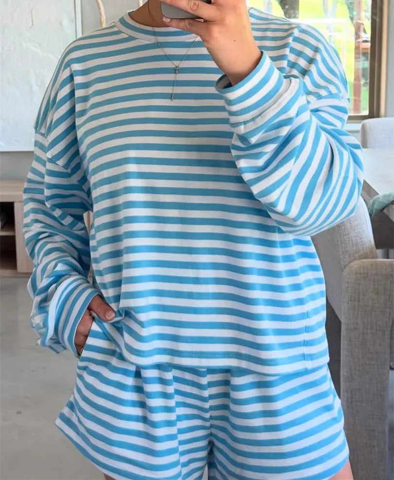 Cozy Striped Knit Lounge Set With Oversized Top And Shorts For Relaxed Comfort Everyday