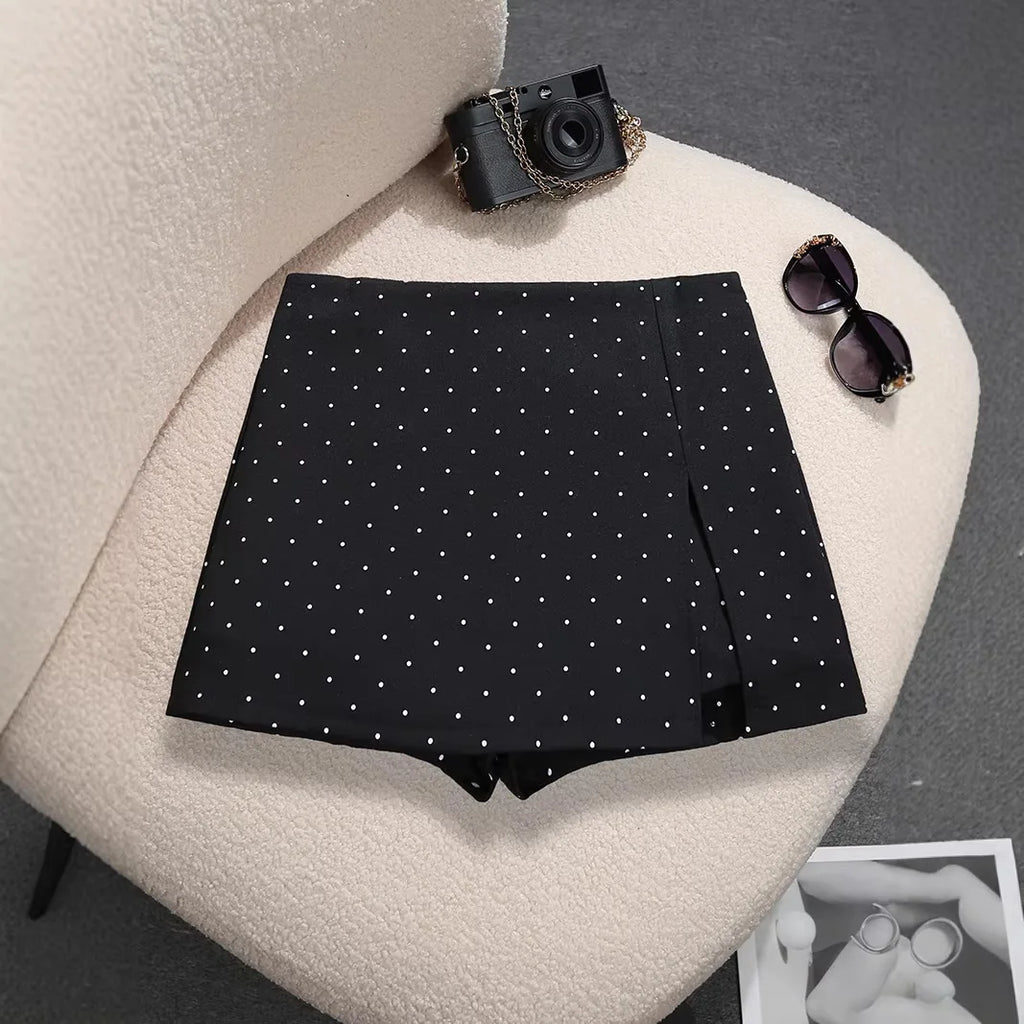 Mini Dots Pattern High Waist Skirt With Double Slits
