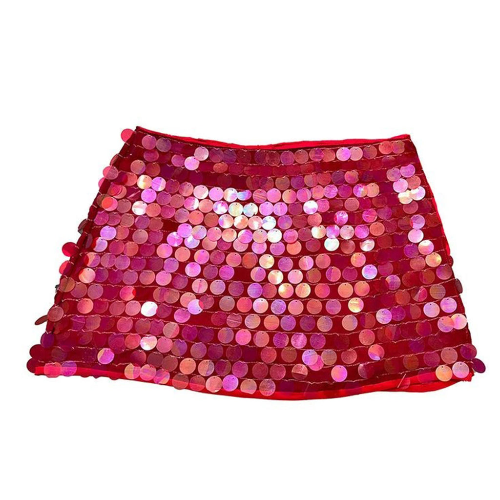 Sequin Side Split Mini Skirt With High Waist And Lace Up Detail
