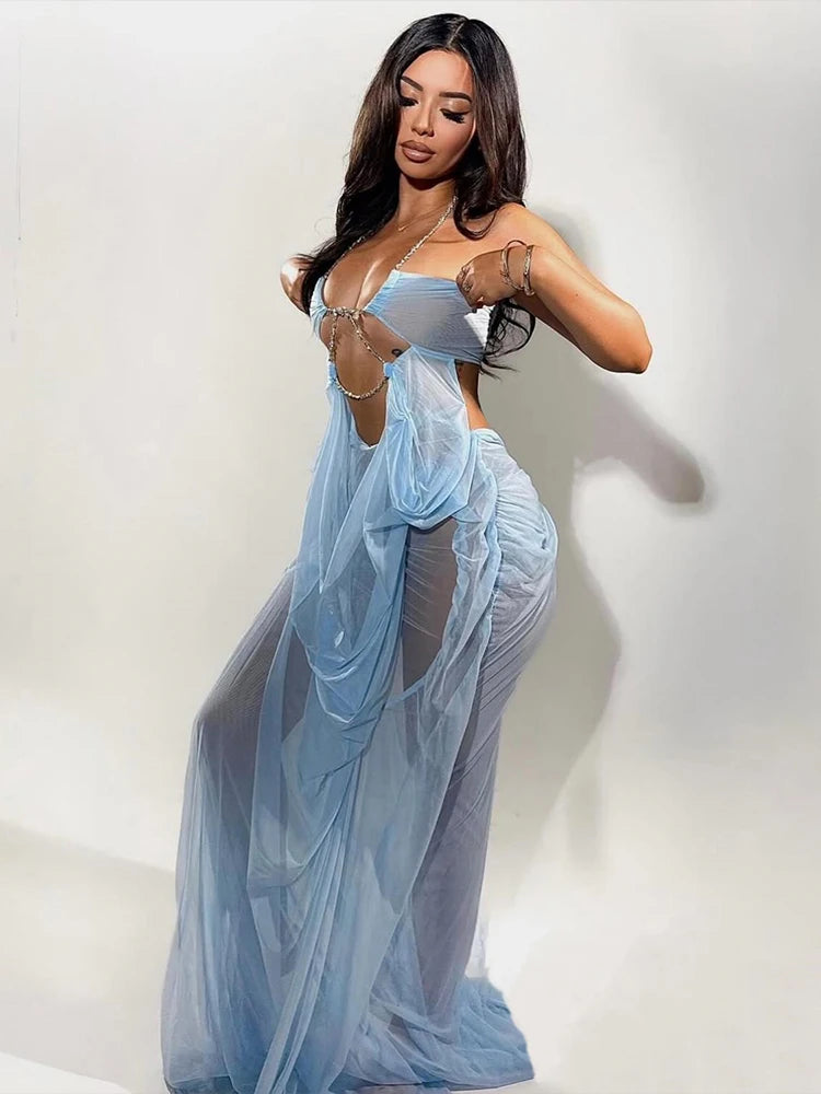 Sheer Halter Gown With Chain Detailing Backless Sleeveless
