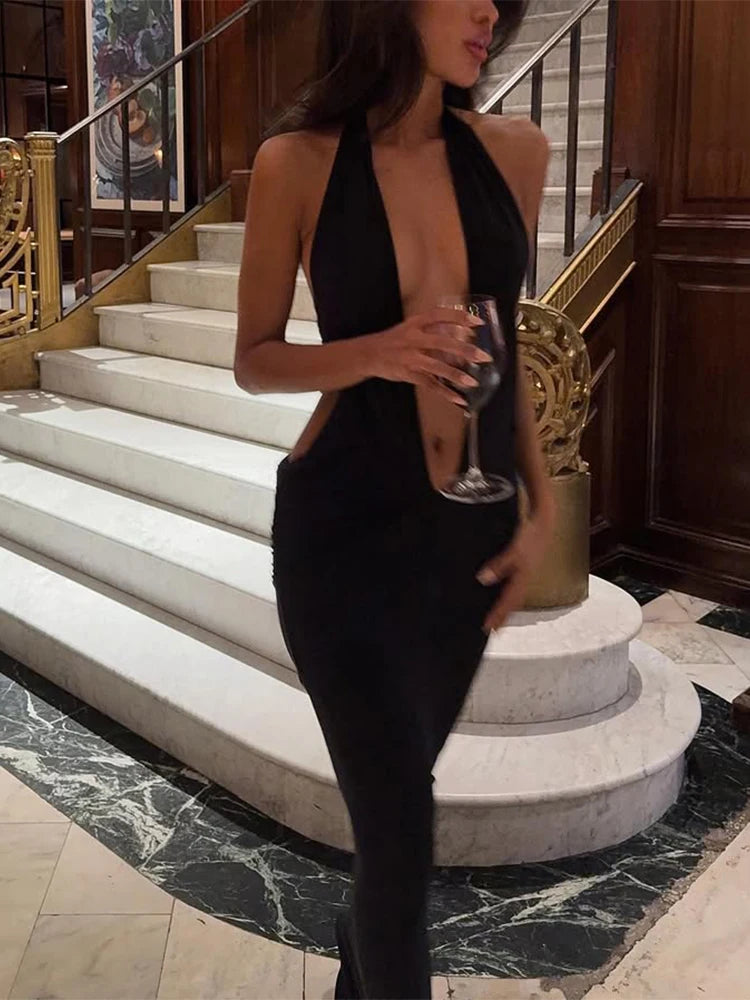 Halter Maxi Dress Backless Bodycon Party Gown With Deep V Neck Sleeveless Evening Glam