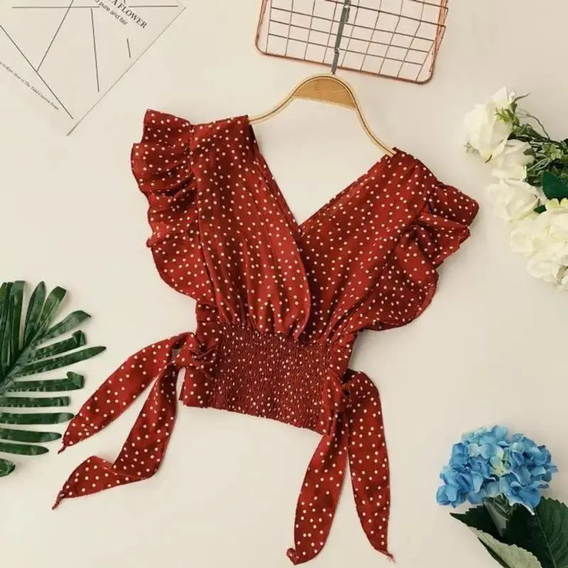 Polka Dot Chiffon Lace Up V Neck Blouse With Flowy Sleeves