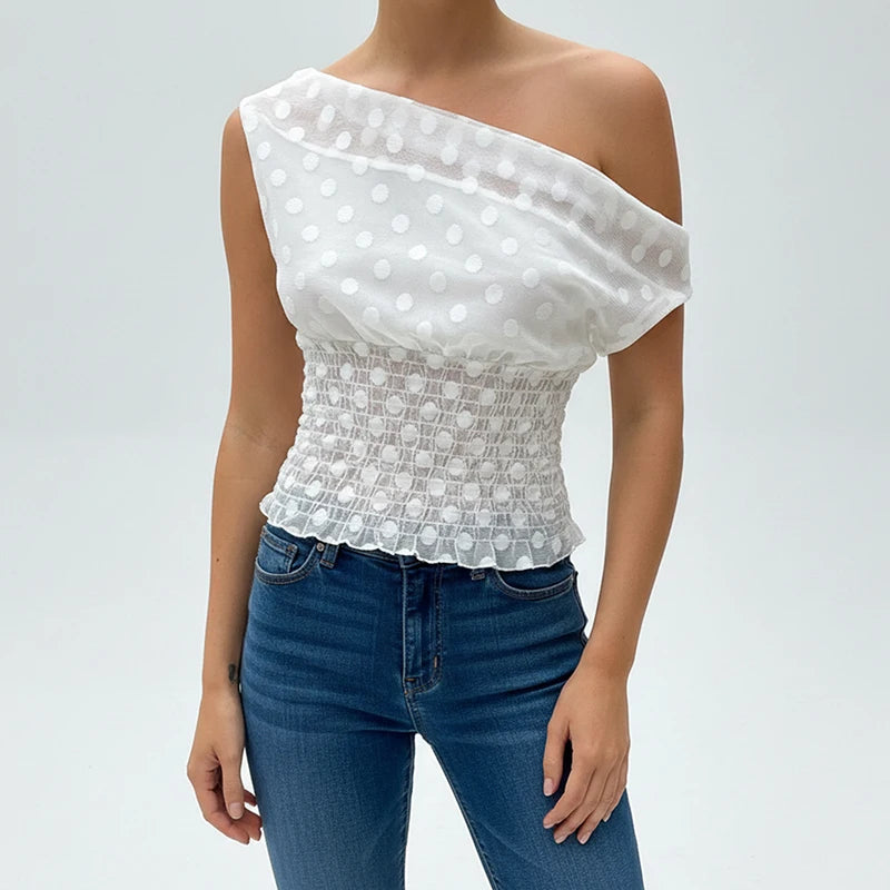 One Shoulder Crop Top With Sheer Polka Dots and Ruched