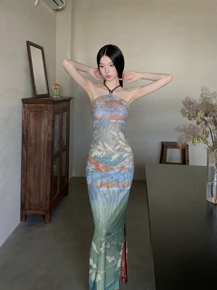 Vintage Reversible Two Piece Halter Neck Top And Long Skirt Set