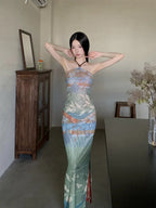Vintage Reversible Two Piece Halter Neck Top And Long Skirt Set