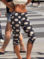 Polka Dot Drawstring Pleated Pencil Pants With Elastic Waist Calf Length