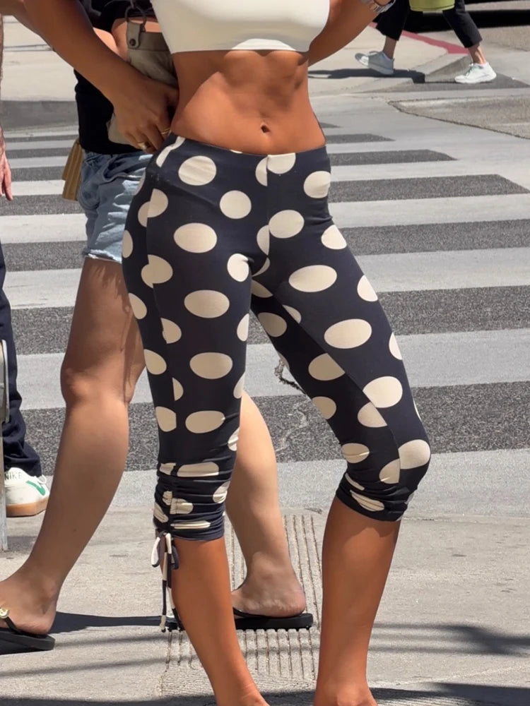 Polka Dot Drawstring Pleated Pencil Pants With Elastic Waist Calf Length