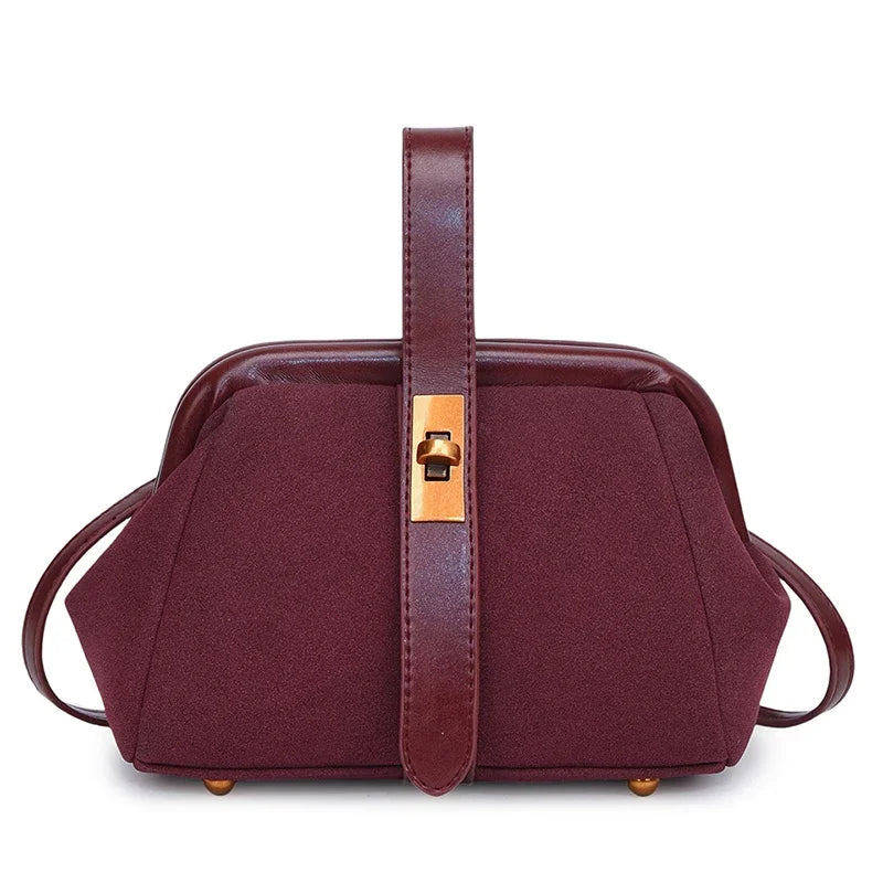 Luxe Faux Suede Frame Shoulder Bag With PU Accent Elegant Crossbody