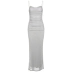 Elegant Maxi Spaghetti Strap Party Dress With Netting Waist-Hugging Fit