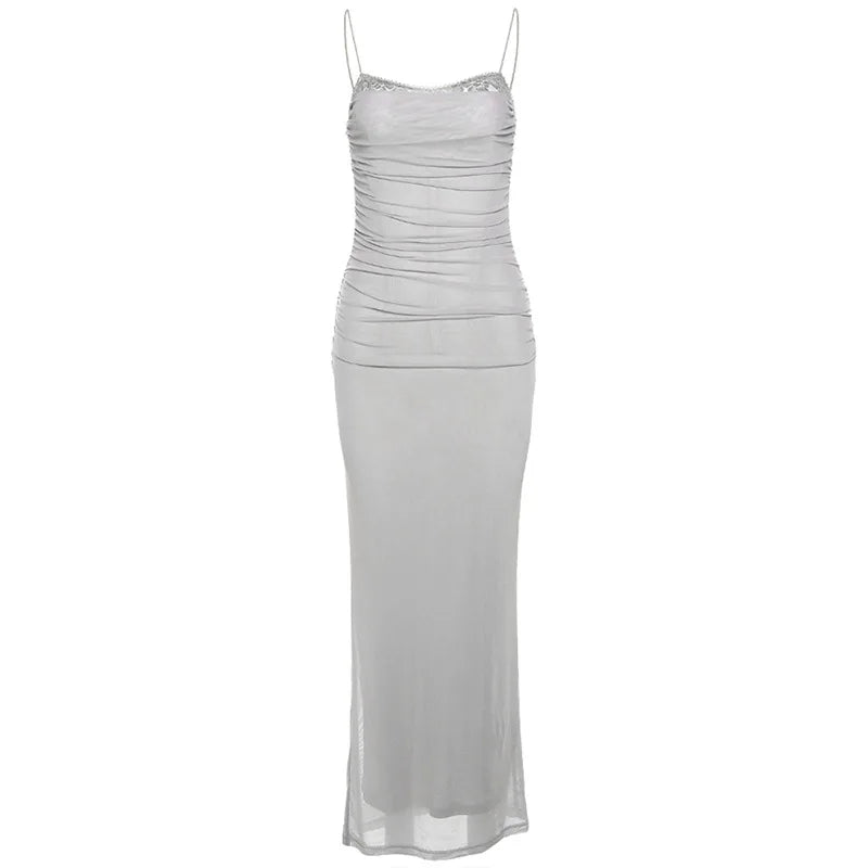 Elegant Maxi Spaghetti Strap Party Dress With Netting Waist-Hugging Fit