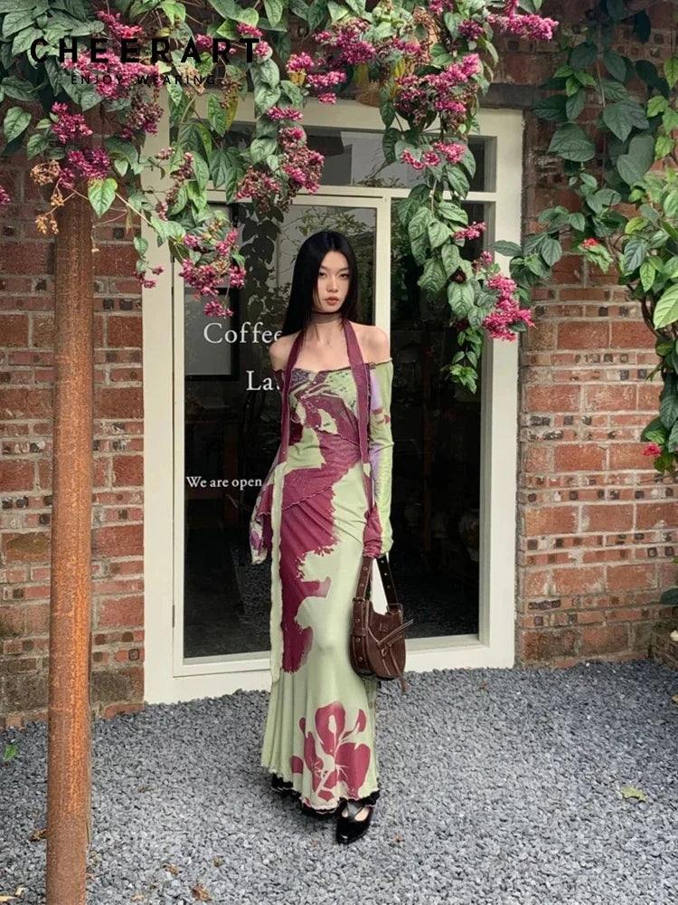 Off Shoulder Mesh Maxi Dress With Long Sleeves Backless Evening Gown