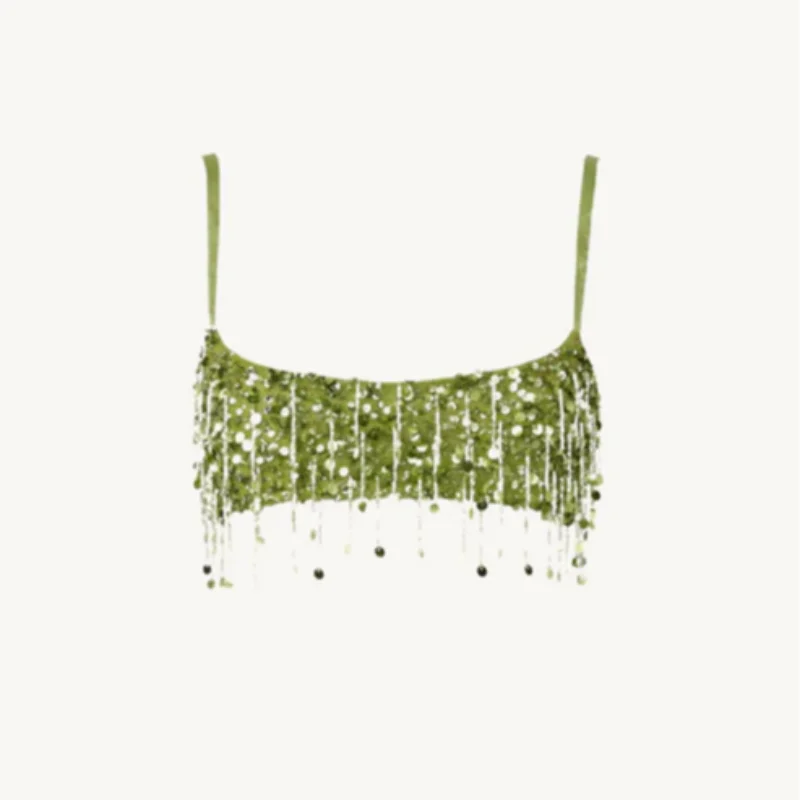 Beaded Sequin Two Piece Set Sleeveless Backless Crop Top And Mini Skirt Glam Outfit
