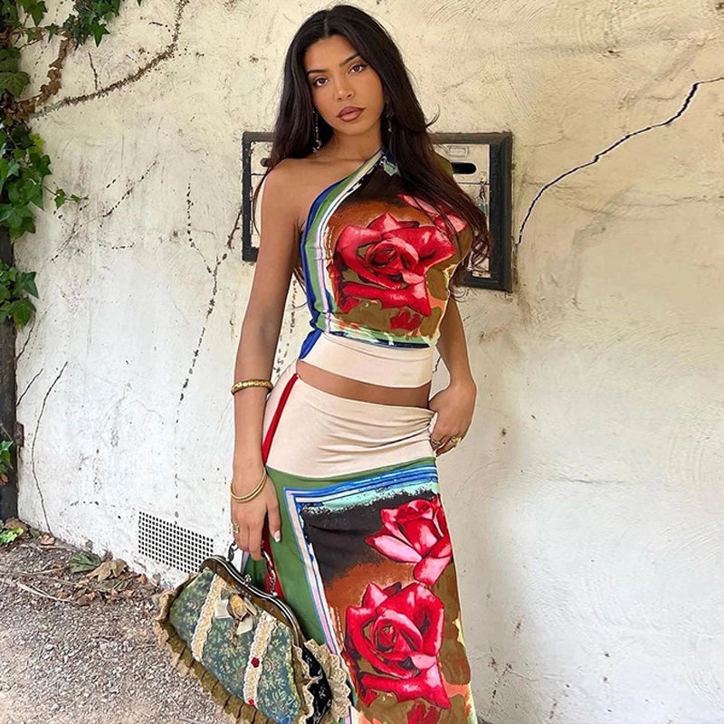 Summer Two Piece Set With Crop Top And Midi Skirt Vacation Outfit Style