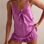 Silky Satin Pajama Set With Lace Tie Cami Top And Shorts Two Piece Boho Vintage Sleepwear