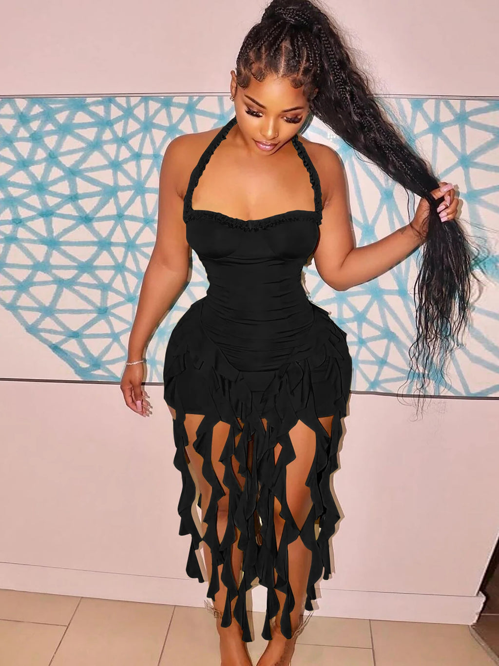 Elegant Halter Backless Ruffles Mini Dress Slim Fit With Tassel Detail