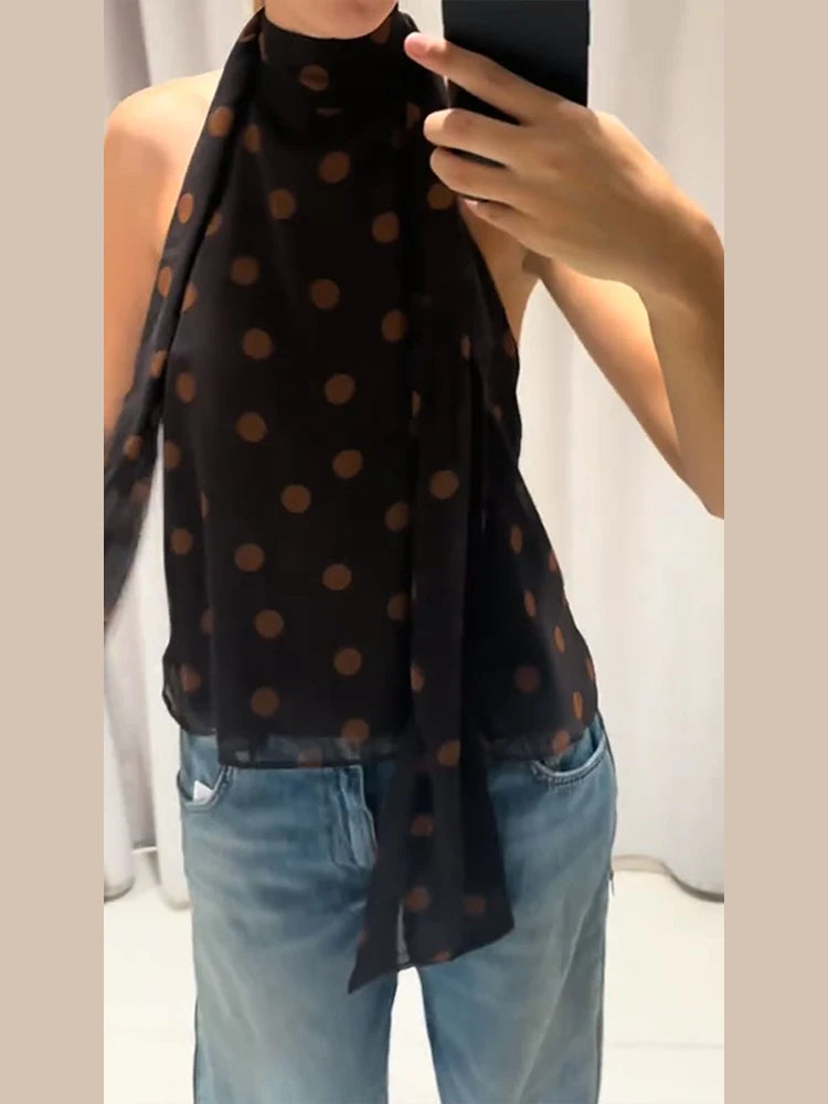 Polka Dot Off Shoulder Tank Top With Lace Up Bow Backless Sleeveless