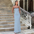 Blue Polka Dot Halter Maxi Dress For Women Color Block Backless Lace Up