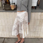 Women Paisley Lace Midi Skirt Sheer Mesh Asymmetrical Hem Flared Skirt High Waist See Through