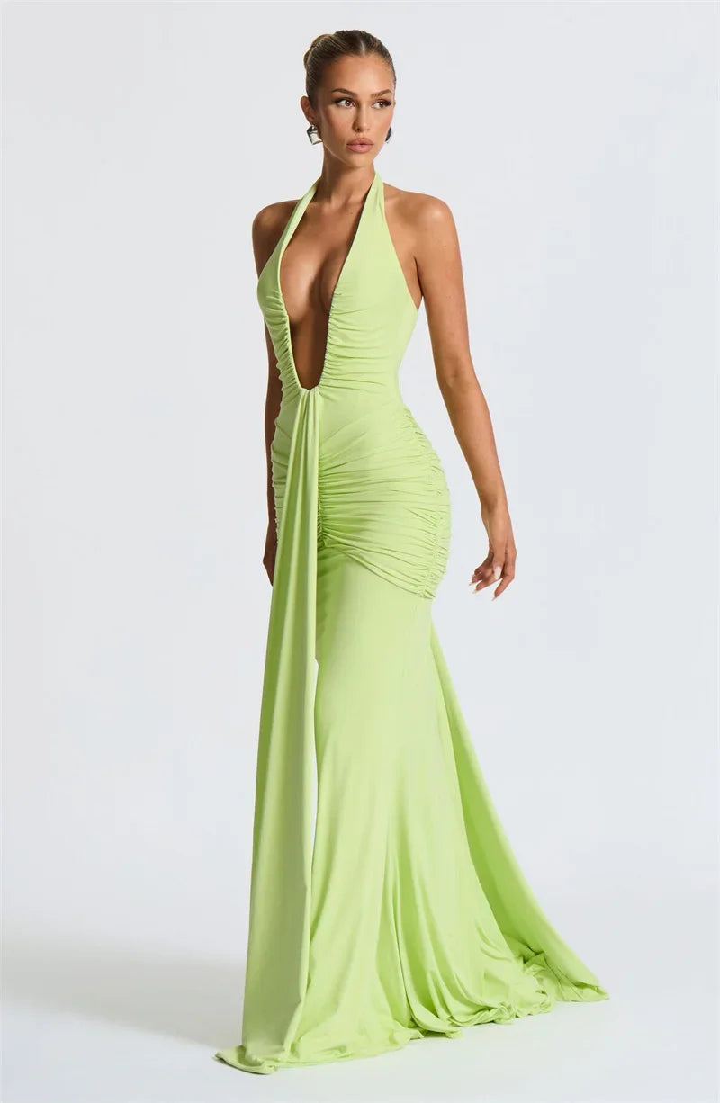 Deep V-Neck Backless Ruched Maxi Dress Halter Gown