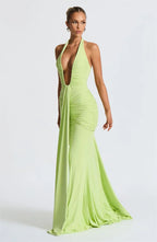 Deep V-Neck Backless Ruched Maxi Dress Halter Gown