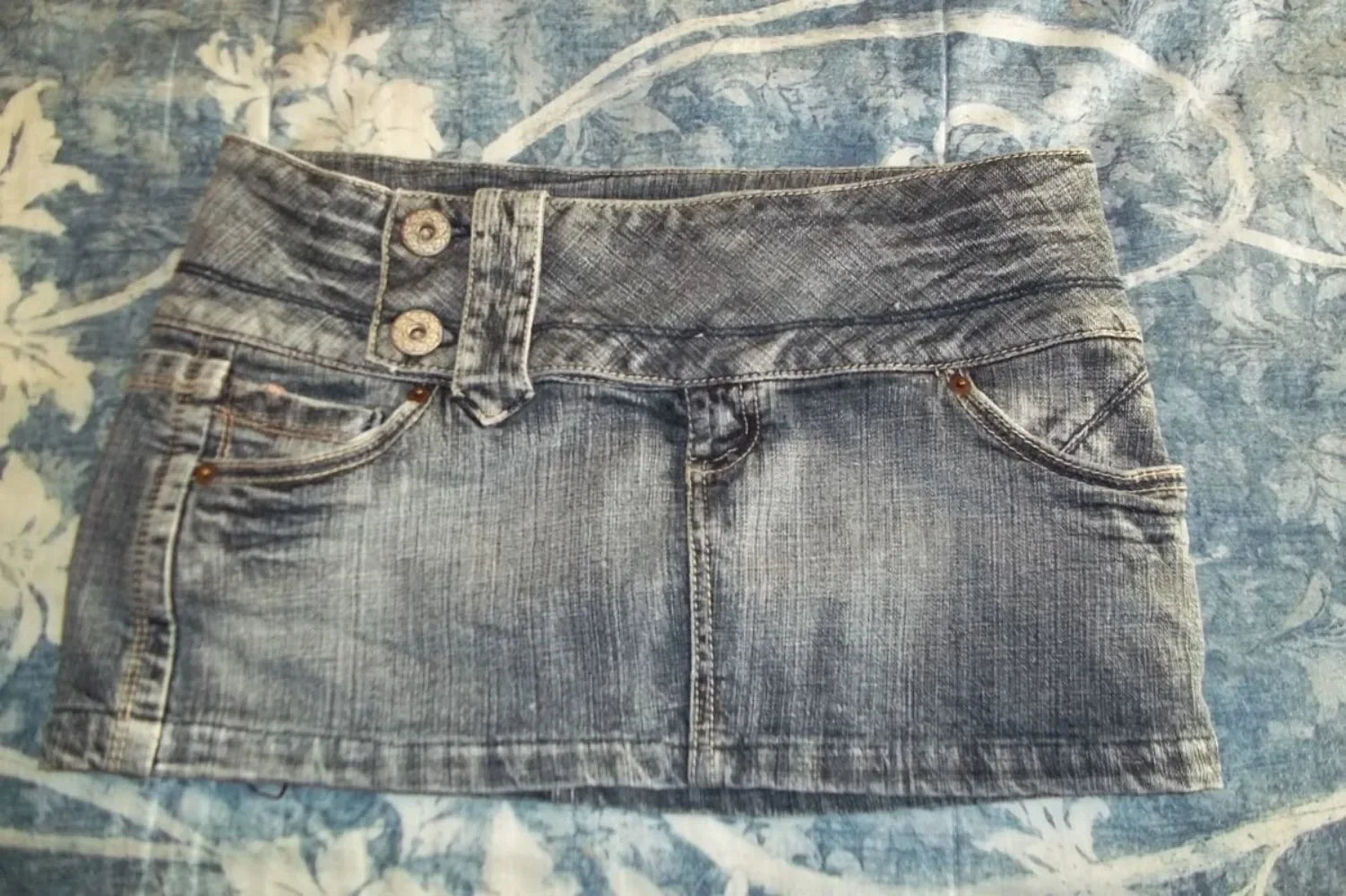 Y2K Denim Mini Skirt With Printed Motif High Waist