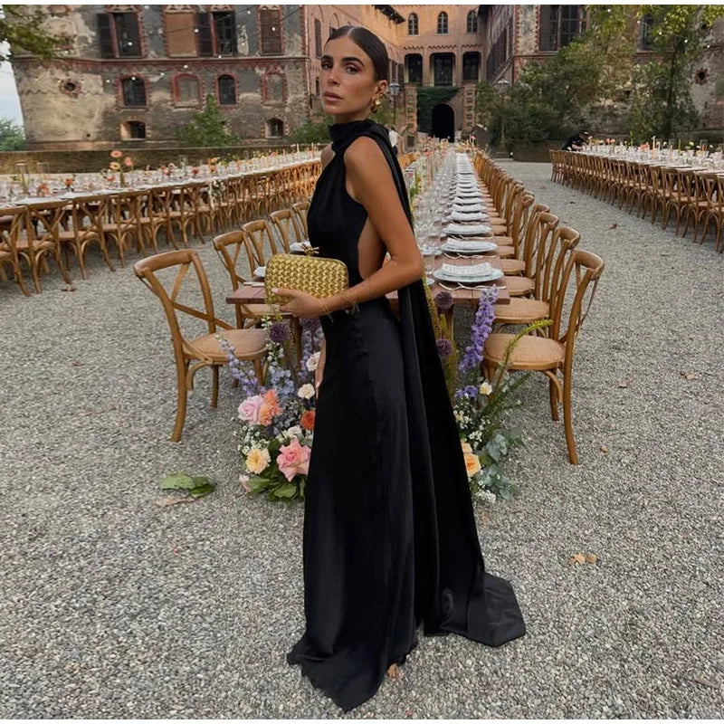 Sexy Satin Ribbon Backless Halter Dress For Elegant Evening Gown