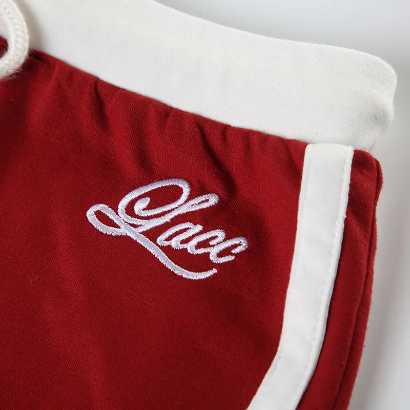 Embroidery Letter Contrast Set With Backless Camisole Top And Drawstring Elastic Shorts