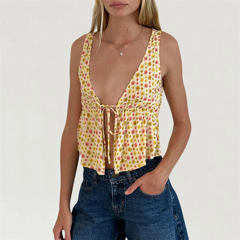 Y2K Floral Print Tie Front Tank Top for Women V Neck Sleeveless