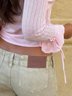 Khaki-colored Washed Low-rise Denim Pants with Rolled Cuffs and Straight-leg Design