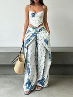 Boho Floral Dream Two Piece Set With Corset Wrap And Wide Leg Pants