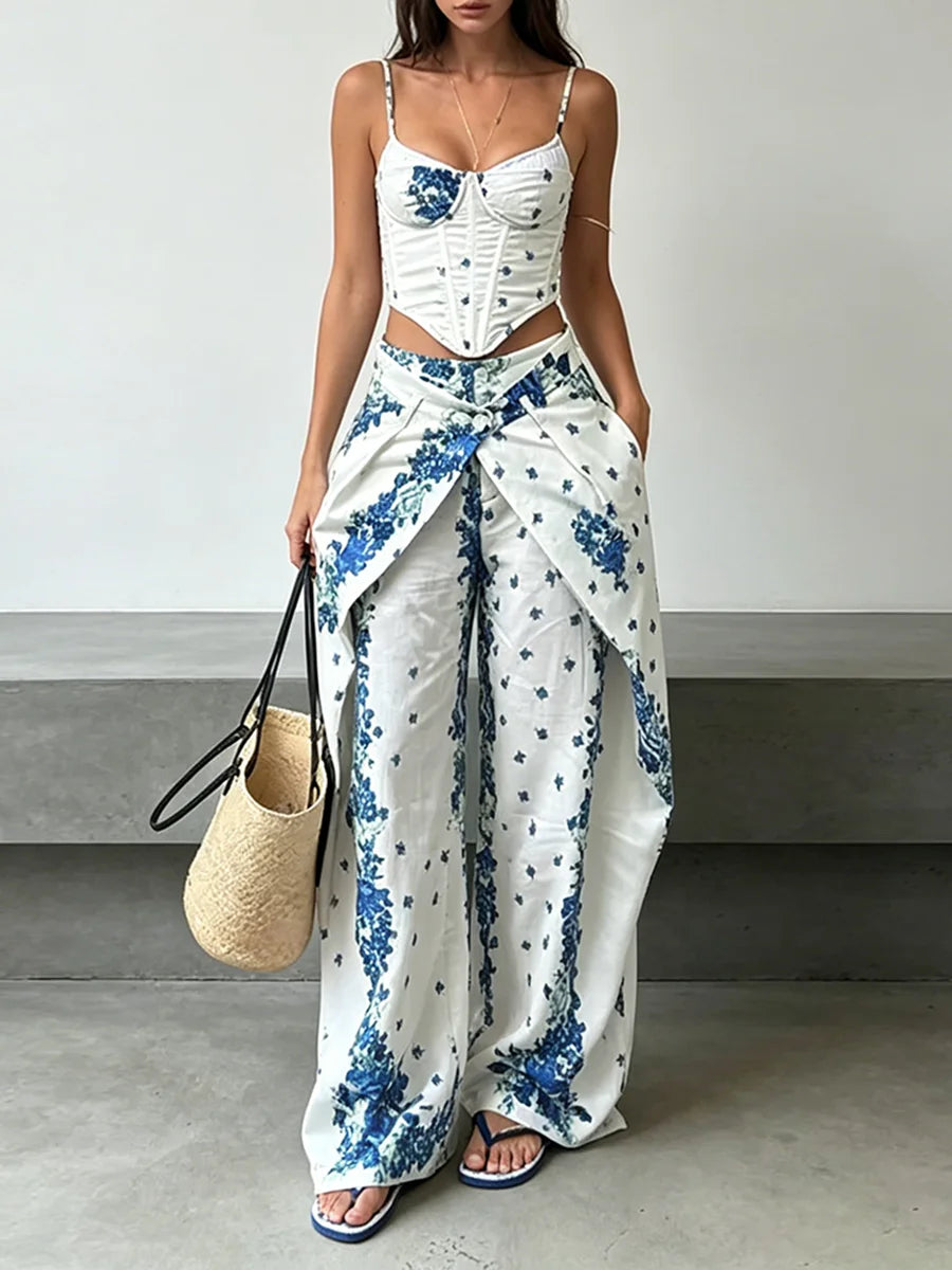 Boho Floral Dream Two Piece Set With Corset Wrap And Wide Leg Pants