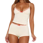 Cozy Two-piece Sleepwear Set With Bow Detail V Neck Cami Top And Soft Polyester Shorts For Lounging