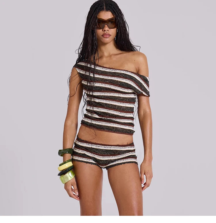 Striped Two Piece Crop Top And Shorts Set Summer Chic