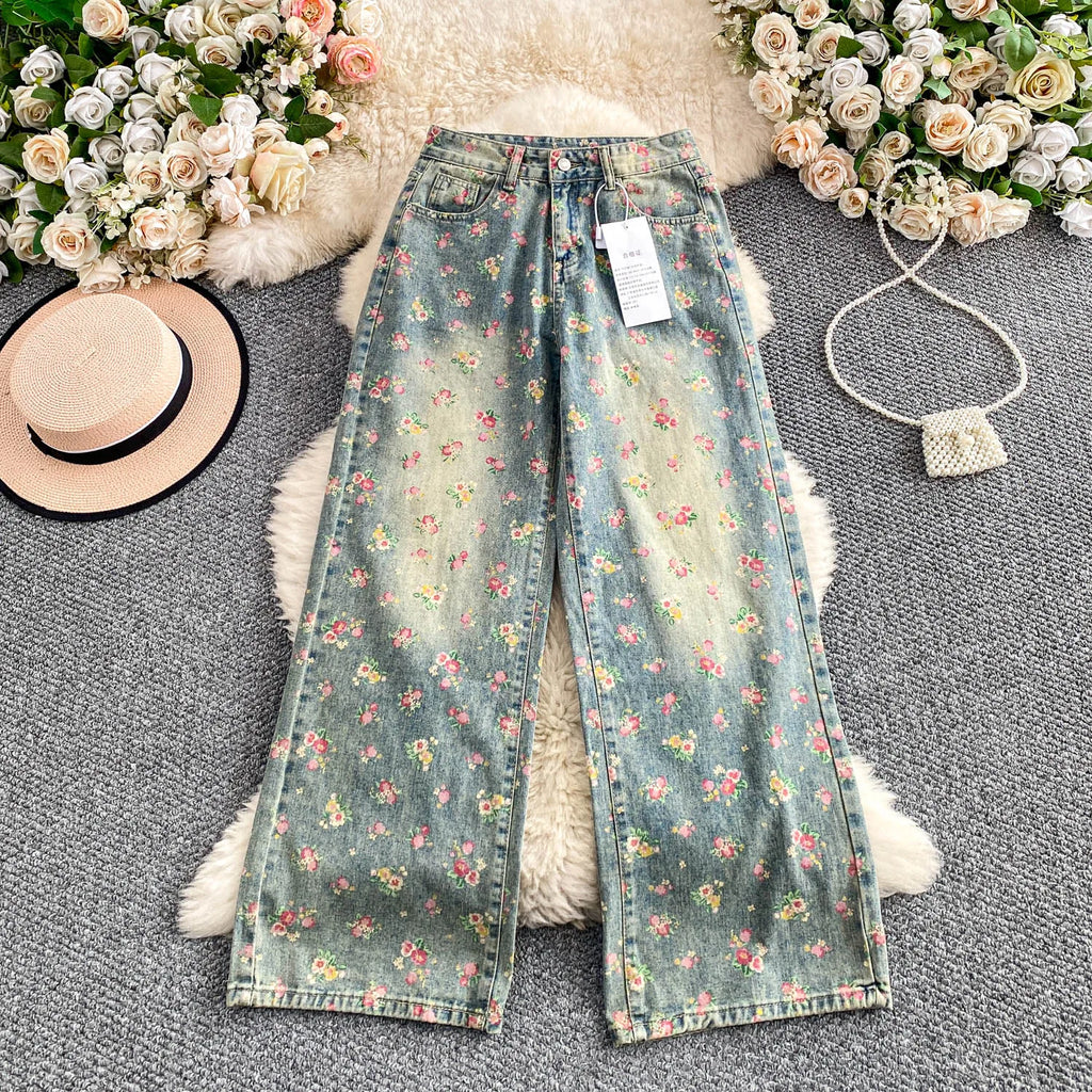 Floral Dream Denim Pants With Wide Leg Silhouette And High Waist