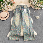 Floral Dream Denim Pants With Wide Leg Silhouette And High Waist