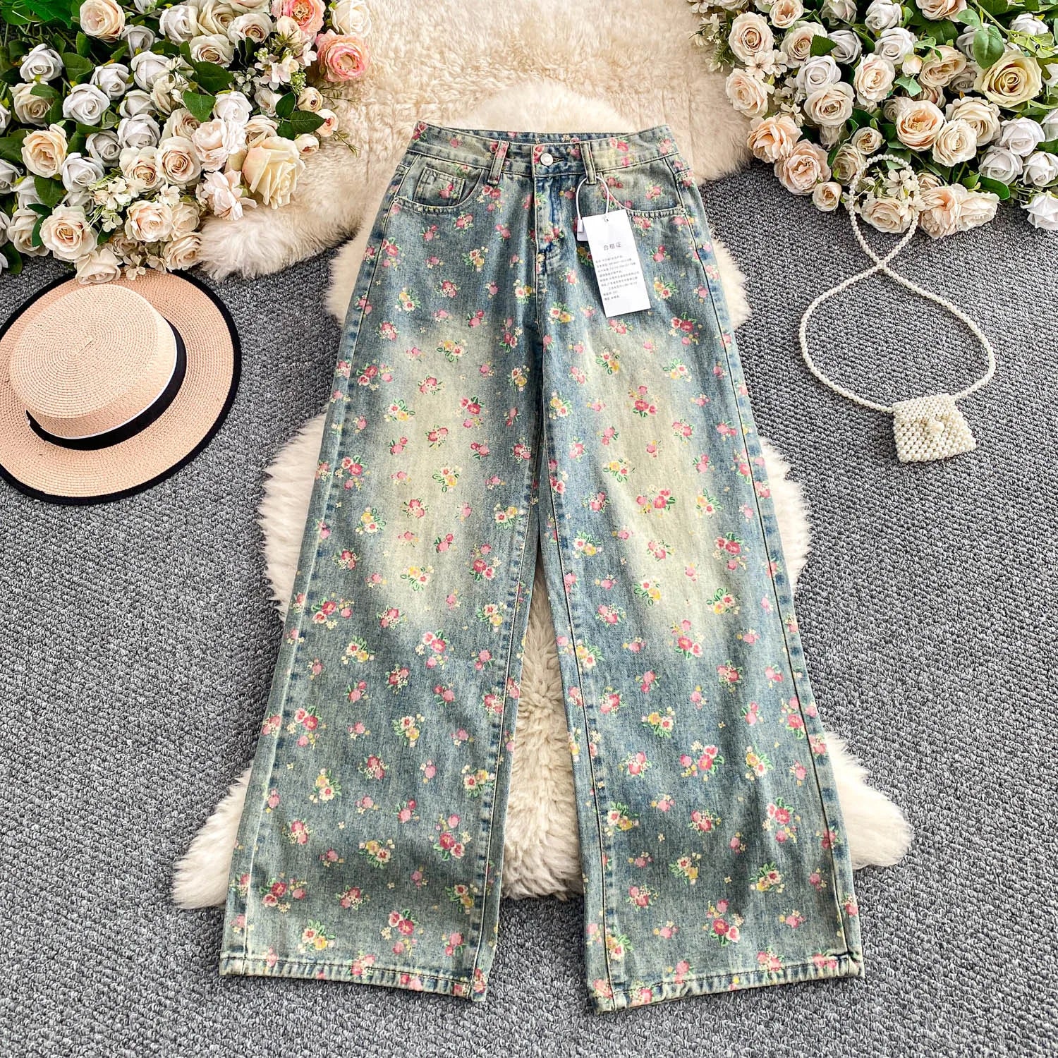 Floral Dream Denim Pants With Wide Leg Silhouette And High Waist