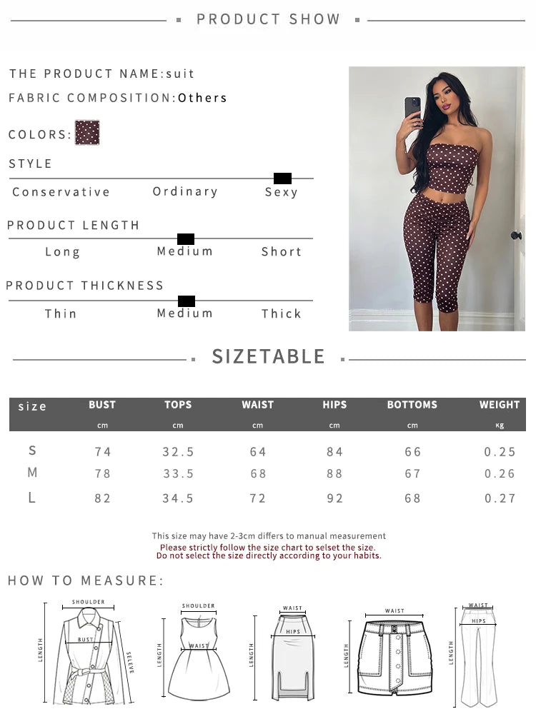 Brown Polka Dot Two-piece Set With Backless Wrap Top And Capri Shorts