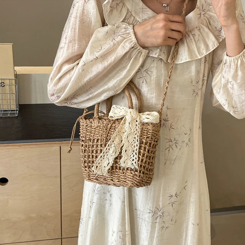 Lace Bow Straw Weave Crossbody Bag Summer Beach Style Small Bucket Elegant And Lightweight