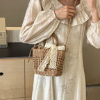 Lace Bow Straw Weave Crossbody Bag Summer Beach Style Small Bucket Elegant And Lightweight