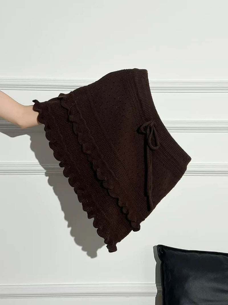 Patchwork Knit Mini Skirt With High Waist Ruffle And Hollow Out Details