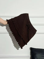 Patchwork Knit Mini Skirt With High Waist Ruffle And Hollow Out Details