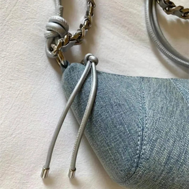Retro Denim Crossbody Bag With Chain Ornament