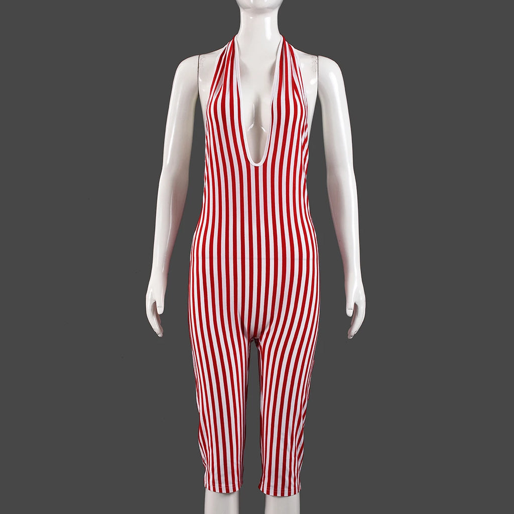 Red Striped Print Backless Halter Playsuit