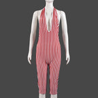 Red Striped Print Backless Halter Playsuit