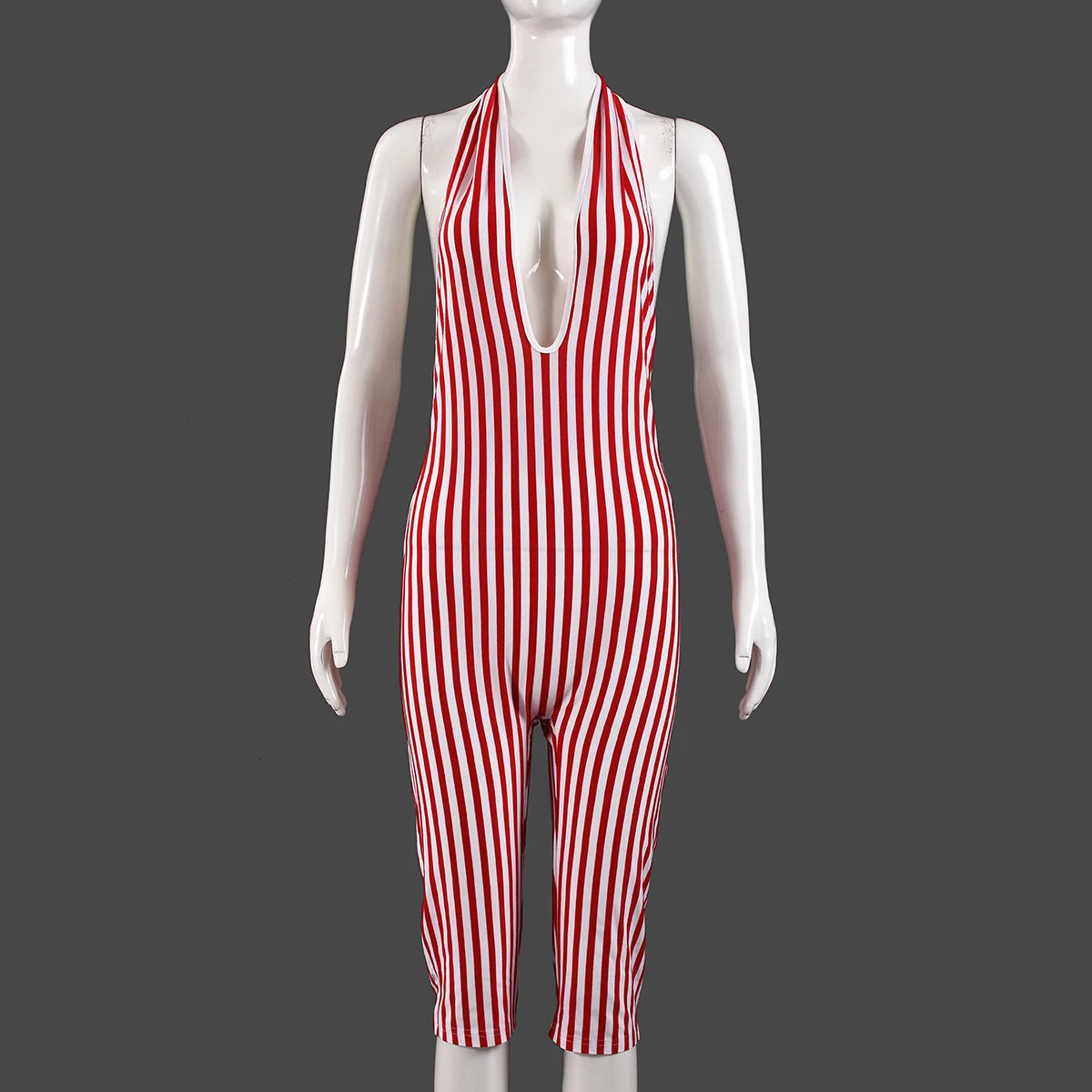 Red Striped Print Backless Halter Playsuit