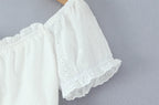 Women Sweet Lace Patchwork Bow Tied Blouses French Slash Neck Short Sleeve