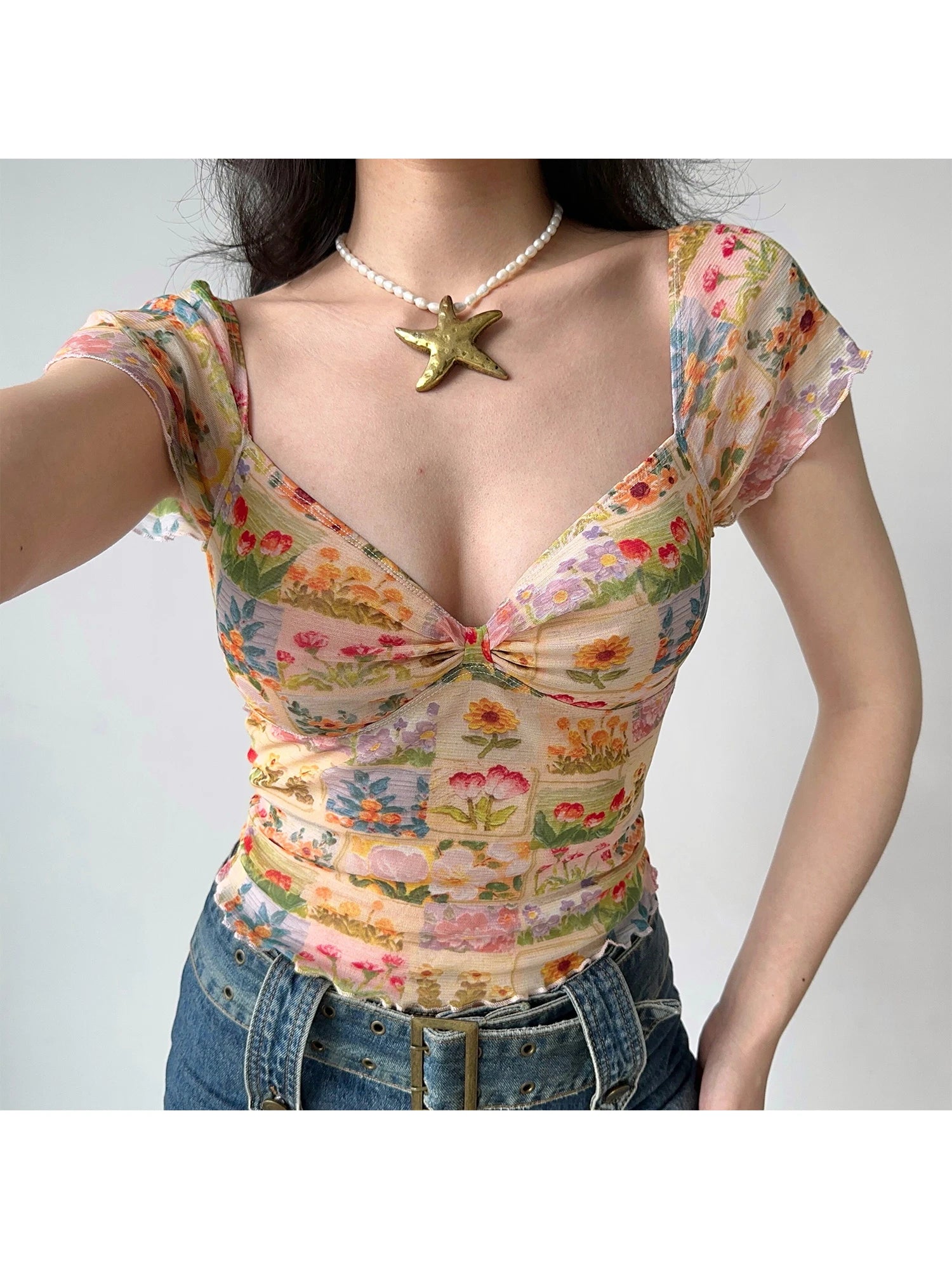 Yellow Floral Lace Mesh V Neck Tee Top